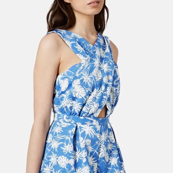 TopShop Palm Print Blue Cross Front Romper Large - Picture 2 of 8